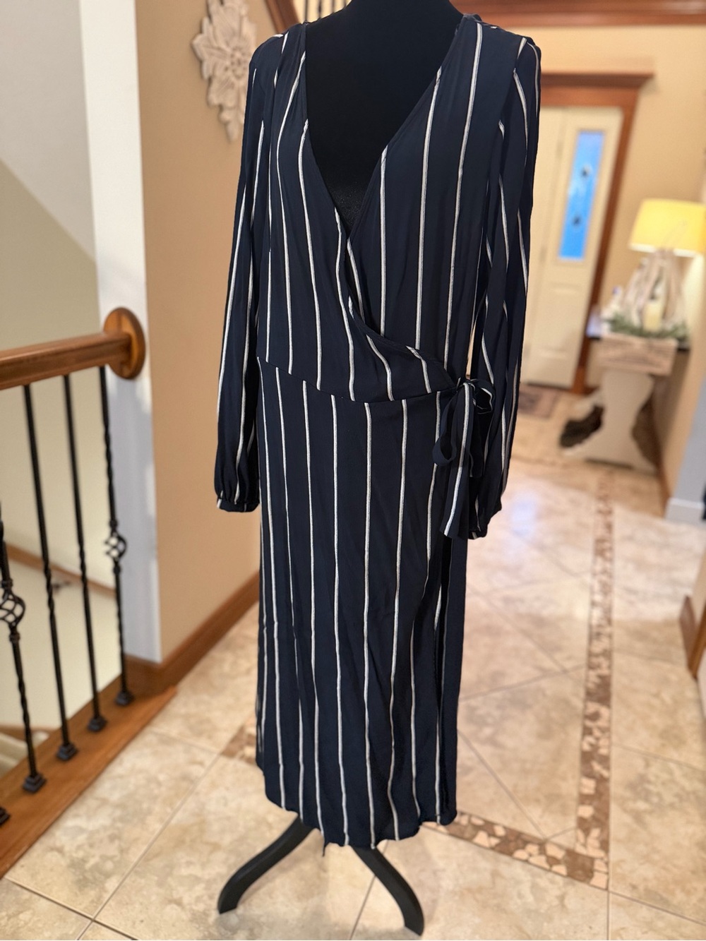 H&M Navy White Striped True Wrap Midi Dress Size 14 Long Sleeve